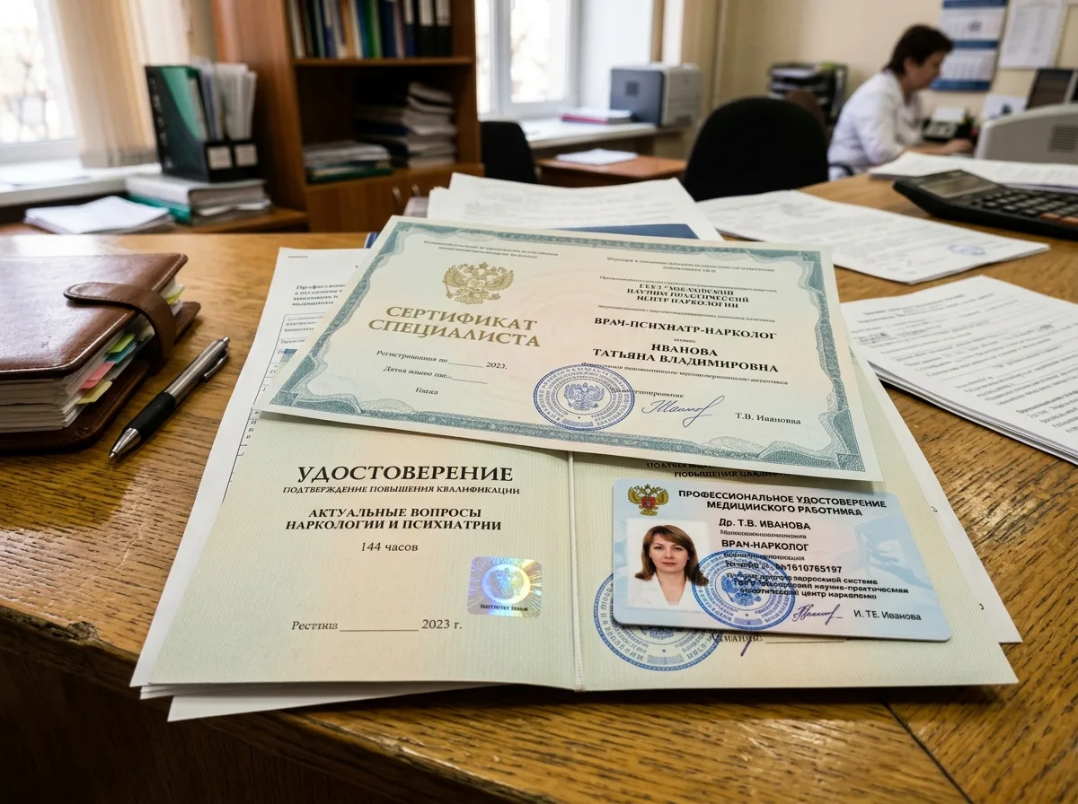 Сертификаты специалистов врачей-наркологов, документы о прохождении повышения квалификации, профессиональные удостоверения медицинских работников